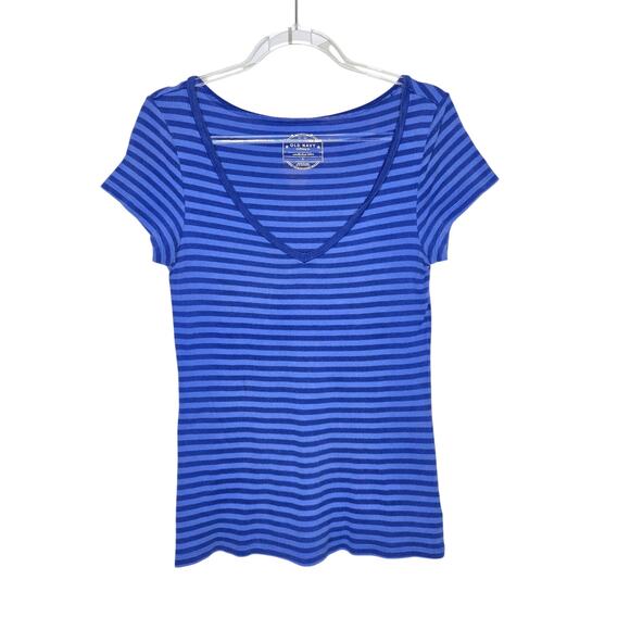 Old Navy Blue Striped Short Sleeve V-Neck Top Womens SZ LG Authentic Y2K 2000s - Picture 1 of 4
